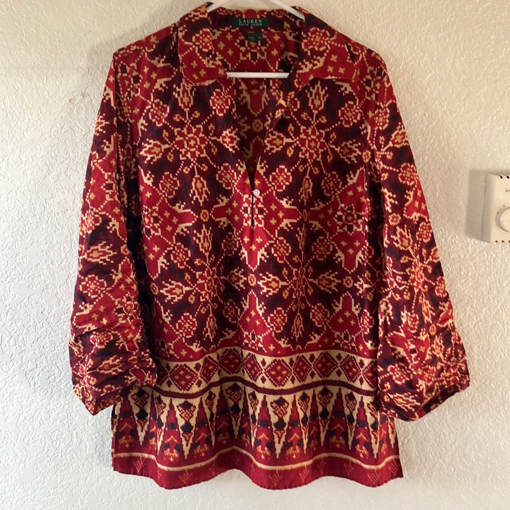 Ralph Lauren Red and Black Blouse with Notched Collar and 3/4 Sleeves
